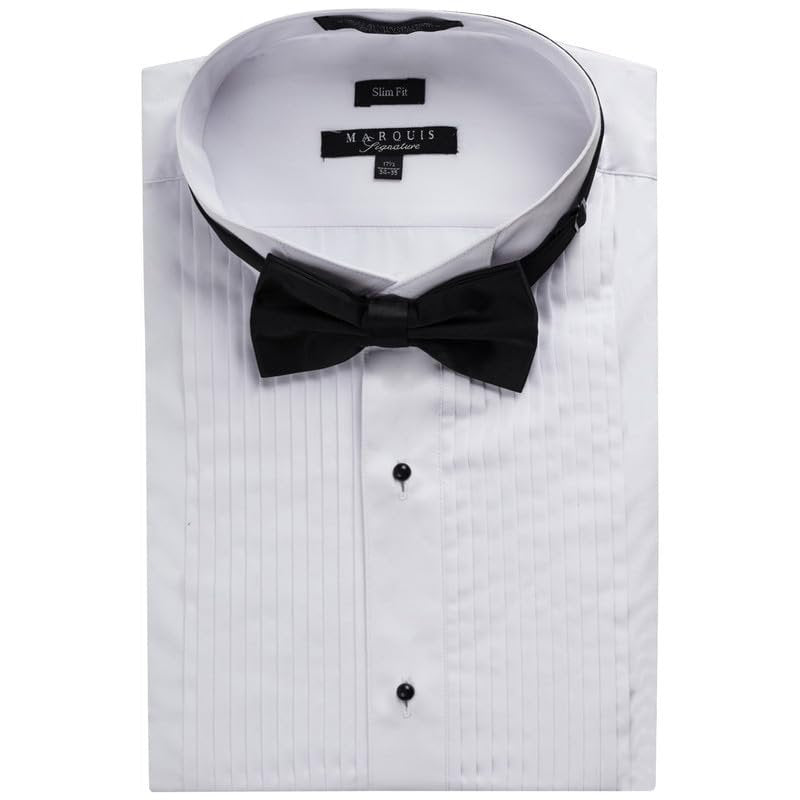 Men's Tuxedo Shirt | Wing Tip Collar Formal Slim Fit Dress Shirt for Prom Party Wedding - Bowtie Included White / 16.5" Neck 36"-37" Sleeve Men's Tuxedo Shirt | Wing Tip Collar Formal Slim Fit Dress Shirt for Prom Party Wedding - Bowtie Included White / 16.5" Neck 36"-37" Sleeve