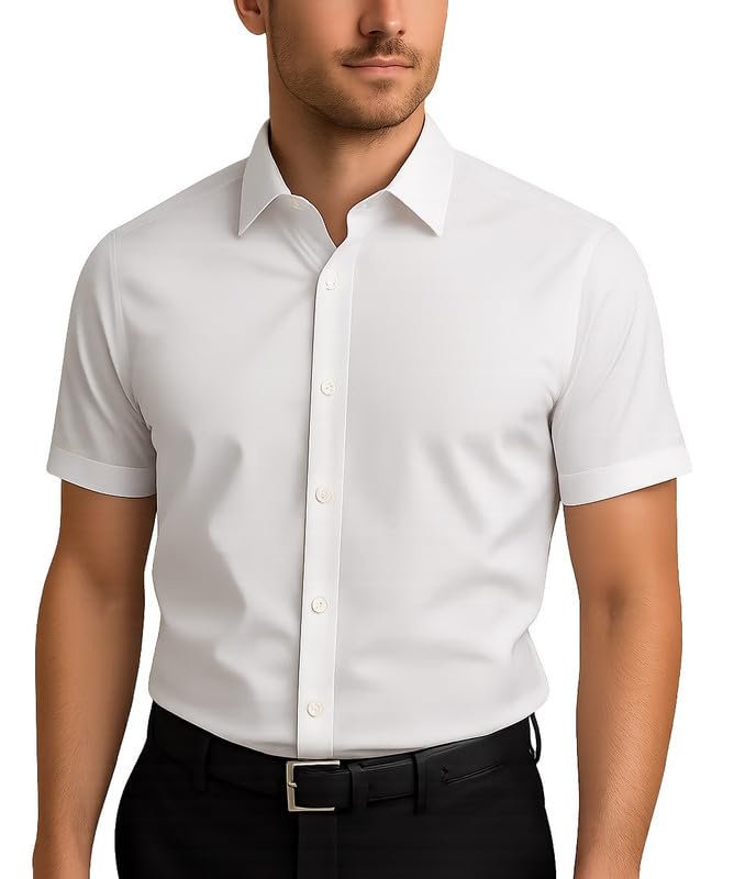 Adam Baker Men's Slim Fit Short Sleeve Stretch Poplin Dress Shirt