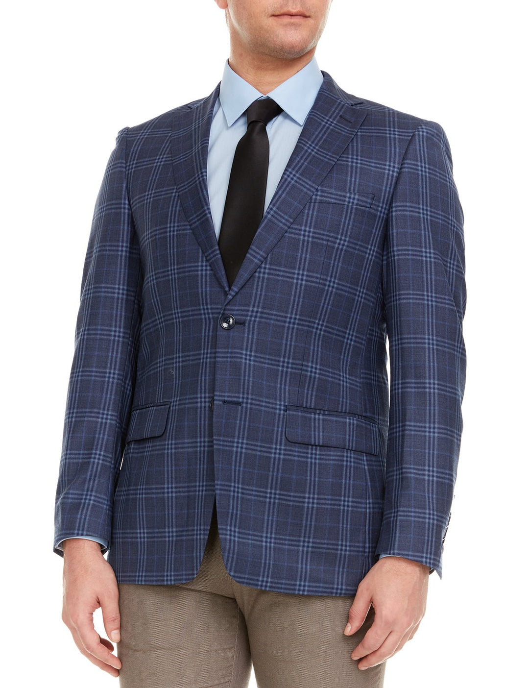 Adam Baker Men's Single Breasted 100% Wool Ultra Slim Fit Blazer/Sport Coat - Navy Blue Plaid