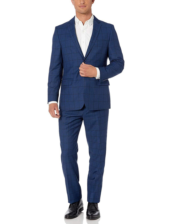 Adam Baker Men's Blue Plaid & Navy Modern Fit 2-Piece Single Breasted Two Button Wool/Silk Blend Suit