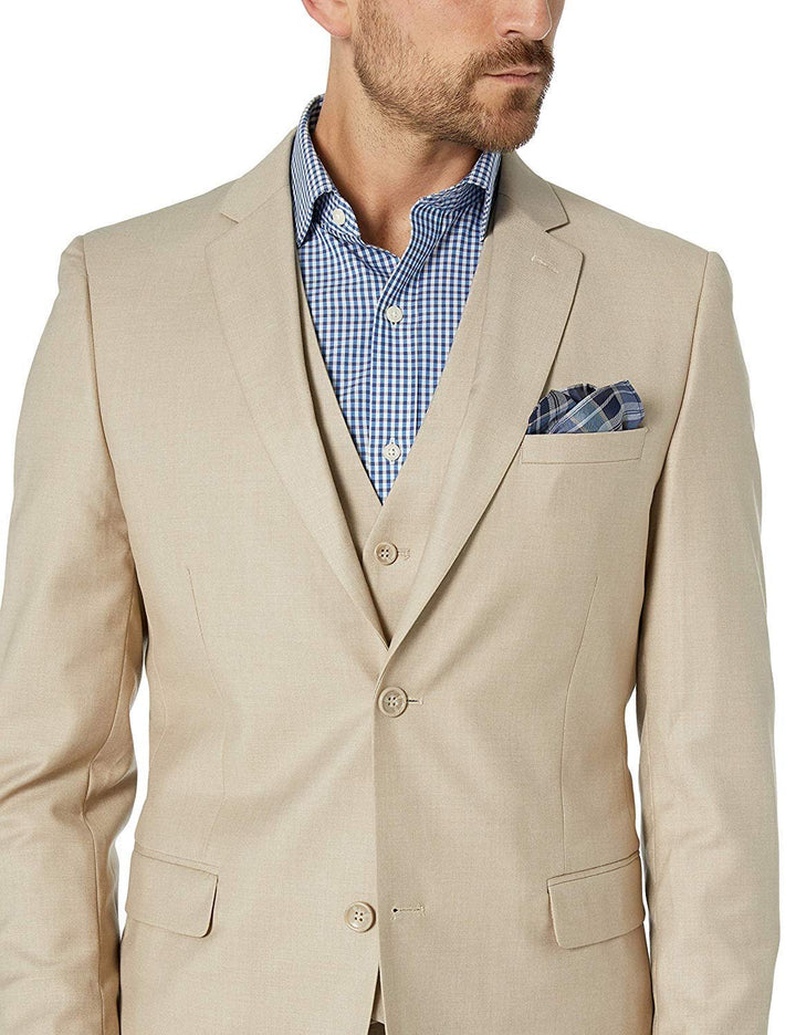 Adam Baker Men's Slim Fit 3-Piece (Jacket, Vets, Trousers) Vested Suit Set - Beige & Light Grey