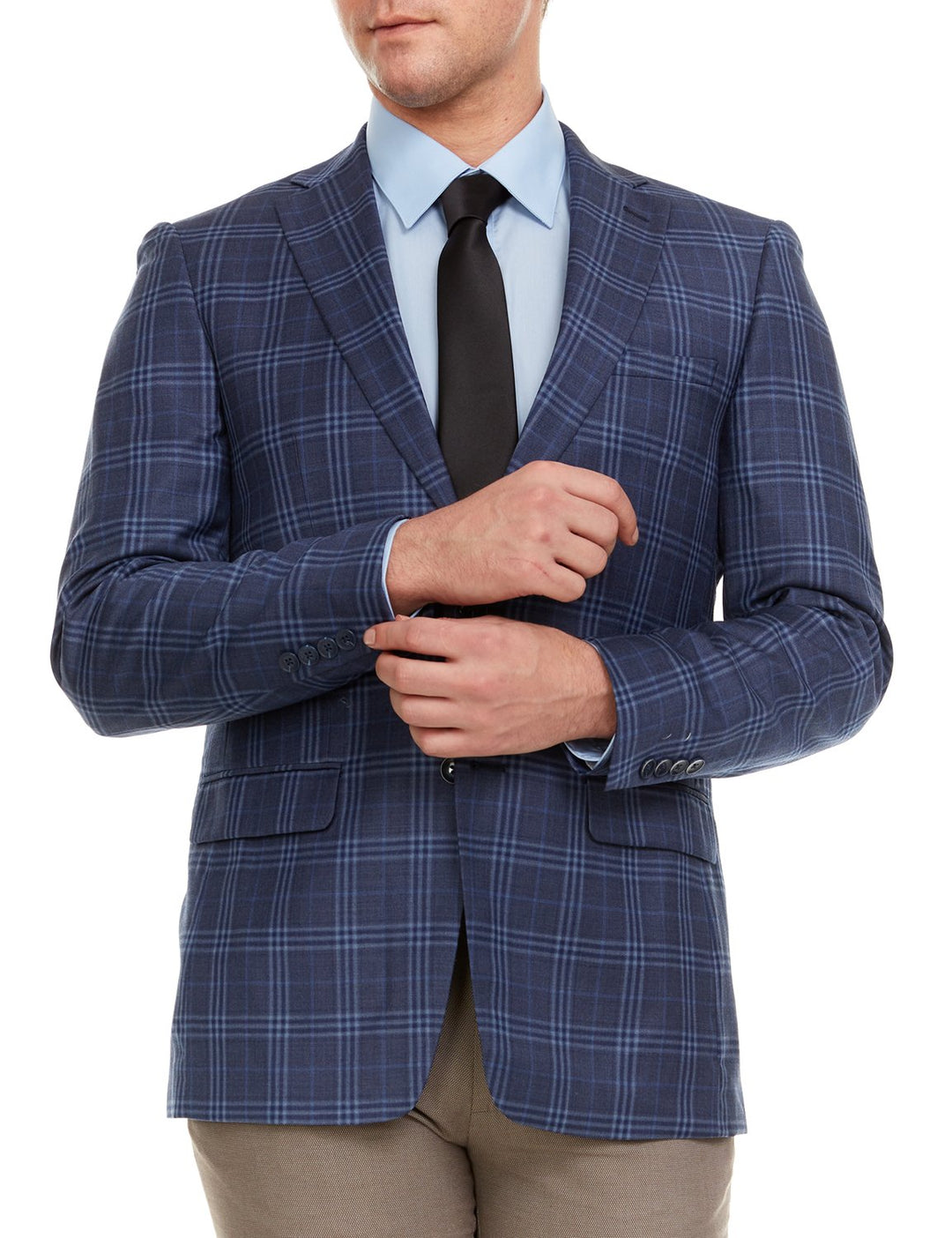 Adam Baker Men's Single Breasted 100% Wool Ultra Slim Fit Blazer/Sport Coat - Navy Blue Plaid
