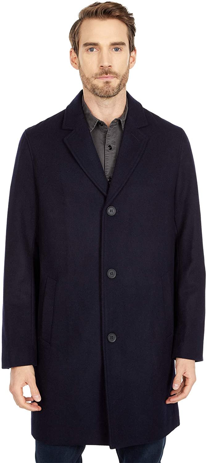 Cole Haan 37" Melton Wool Notched Collar Coat with Welt Body Pockets