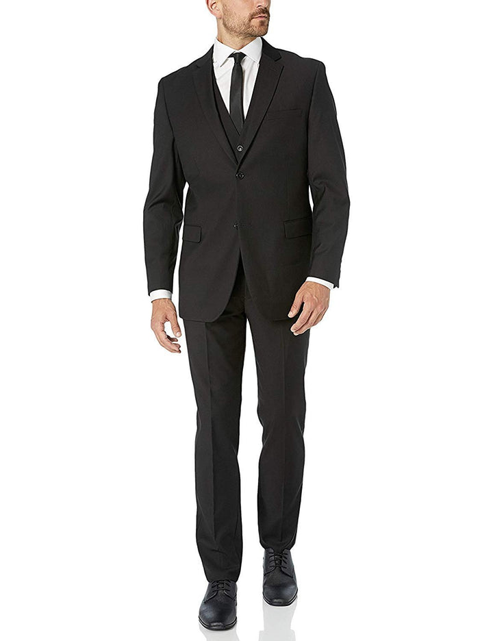 Adam Baker Men's Slim Fit 3-Piece (Jacket, Vets, Trousers) Vested Suit Set - Black & Navy