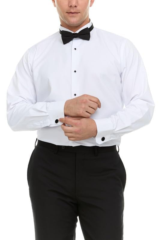 Adam Baker Men's Slim Fit Convertible Cuff Laydown & Wingtip Collar Tuxedo Shirt - Cufflinks & Bow Tie Included