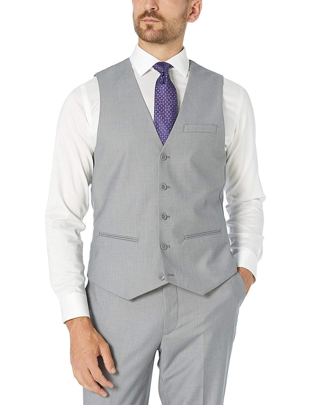 Adam Baker Men's Slim Fit 3-Piece (Jacket, Vets, Trousers) Vested Suit Set - Beige & Light Grey