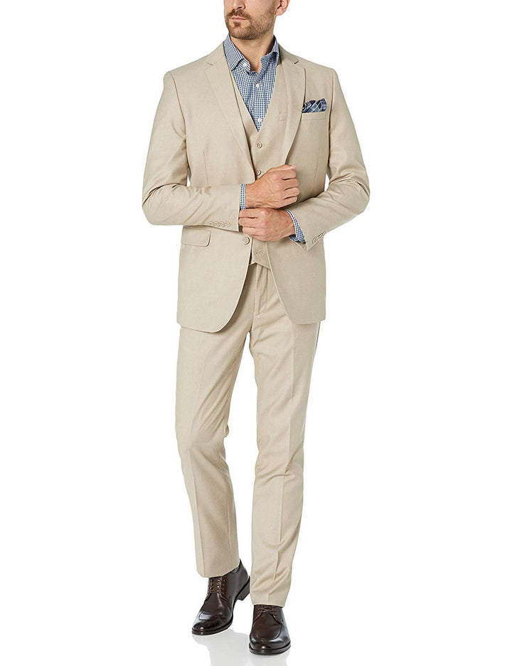 Adam Baker Men's Slim Fit 3-Piece (Jacket, Vets, Trousers) Vested Suit Set - Beige & Light Grey