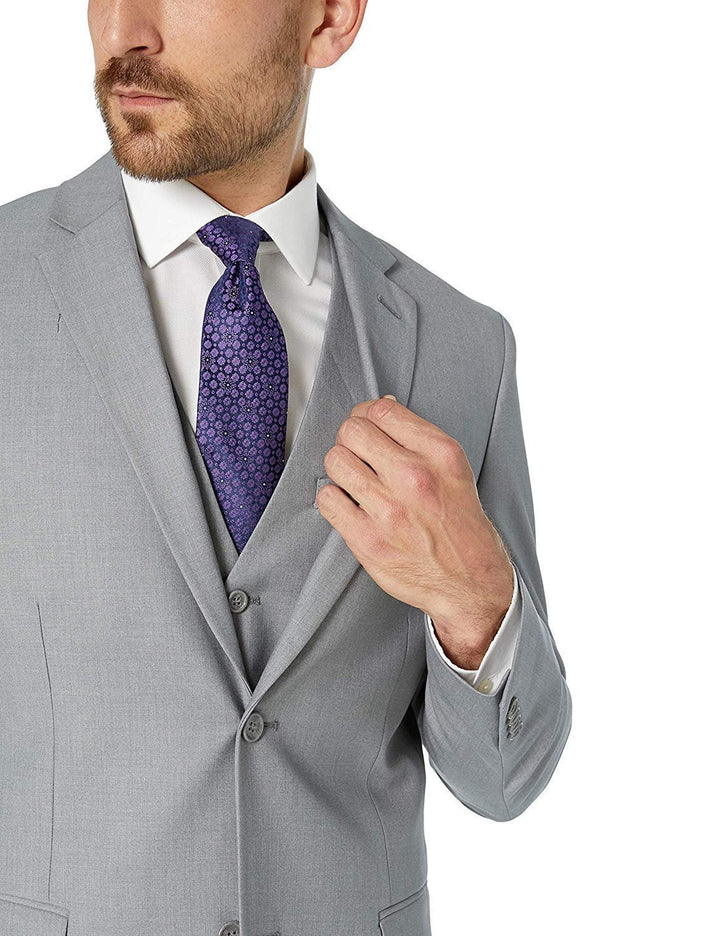 Adam Baker Men's Slim Fit 3-Piece (Jacket, Vets, Trousers) Vested Suit Set - Beige & Light Grey