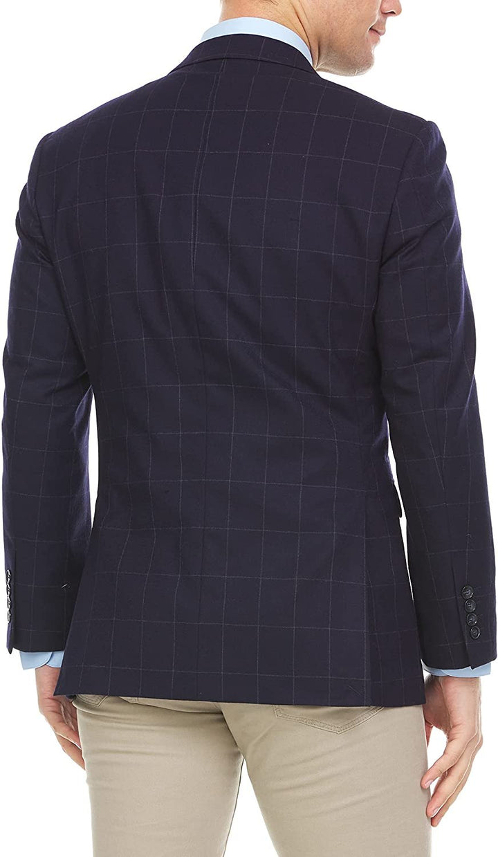 Adam Baker Men's Single Breasted 100% Wool Ultra Slim Fit Blazer/Sport Coat - Dark Navy Windowpane