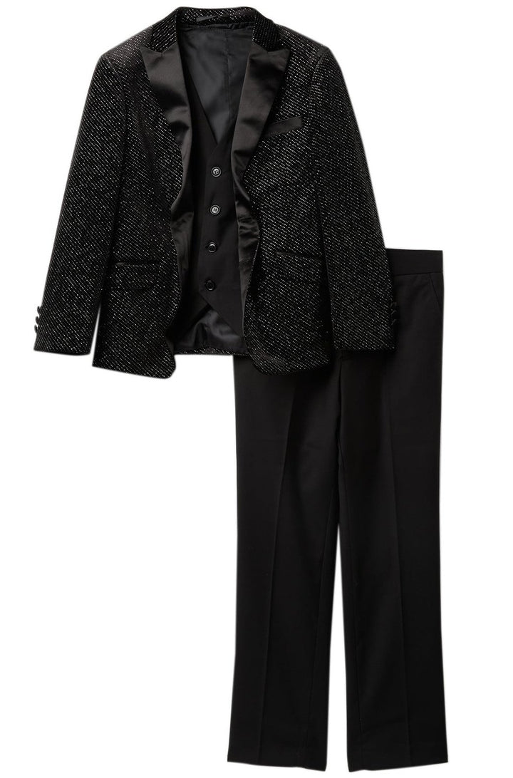 Geoffrey Beene Boy's Modern Fit 3-Piece (Jacket Vest Trousers) Satin Peak Lapel Formal Tuxedo Set - CLEARANCE