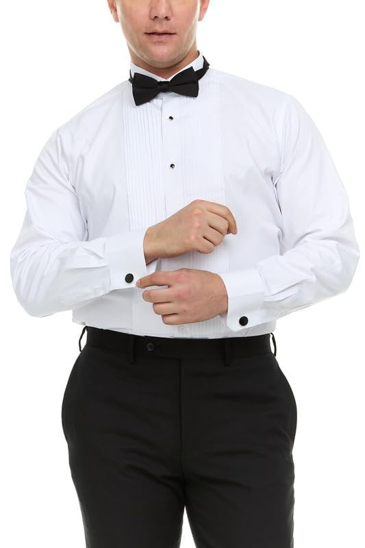 Adam Baker Men's Slim Fit Convertible Cuff Laydown & Wingtip Collar Tuxedo Shirt - Cufflinks & Bow Tie Included
