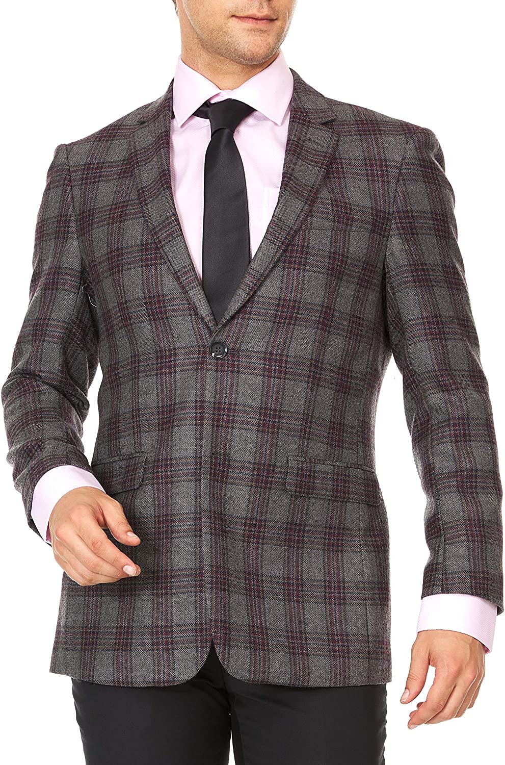 Adam Baker Men's Single Breasted 100% Wool Ultra Slim Fit Blazer/Sport Coat - Brown Plaid
