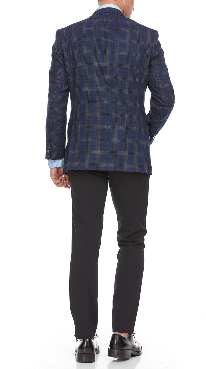 Adam Baker Men's Single Breasted 100% Wool Ultra Slim Fit Blazer/Sport Coat - Navy Heather Plaid