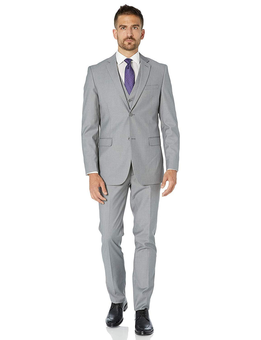 Adam Baker Men's Slim Fit 3-Piece (Jacket, Vets, Trousers) Vested Suit Set - Beige & Light Grey
