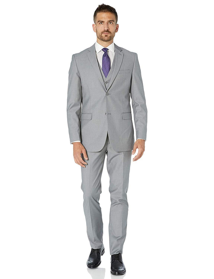 Adam Baker Men's Slim Fit 3-Piece (Jacket, Vets, Trousers) Vested Suit Set - Beige & Light Grey