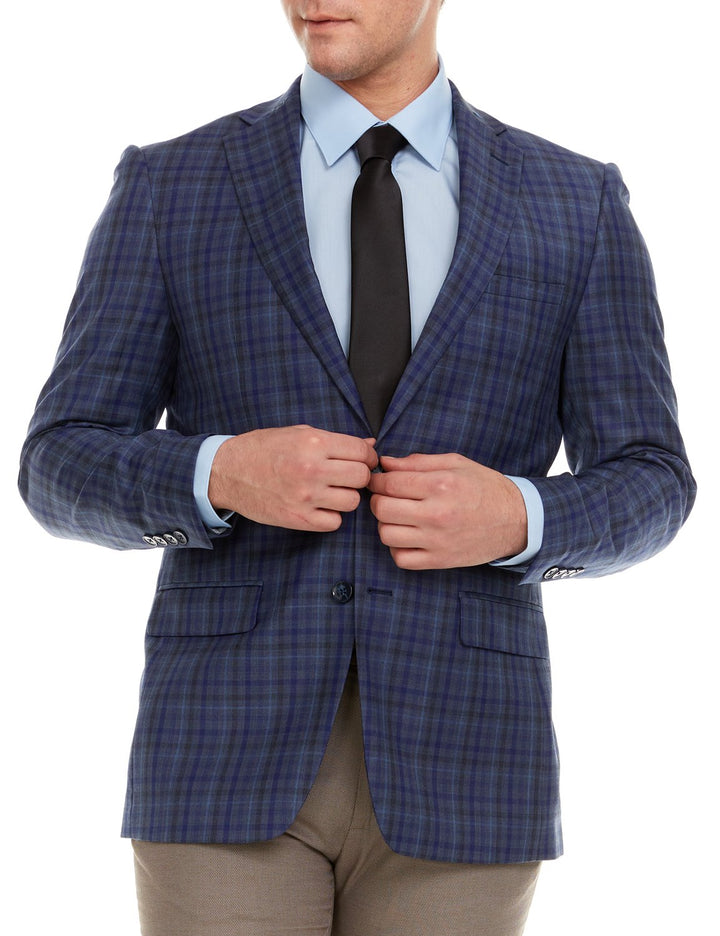 Adam Baker Men's Single Breasted 100% Wool Ultra Slim Fit Blazer/Sport Coat - Blue Multi Plaid