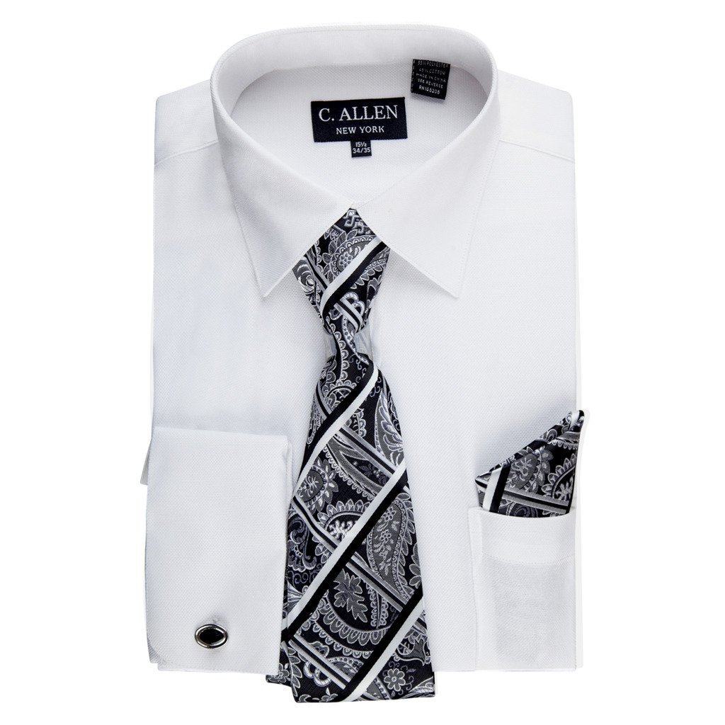 C. Allen Men's Regular Fit Micro Pattern French Cuff Dress Shirt - Cufflinks, Tie & Hanky Combo - CLEARANCE -  FINAL SALE