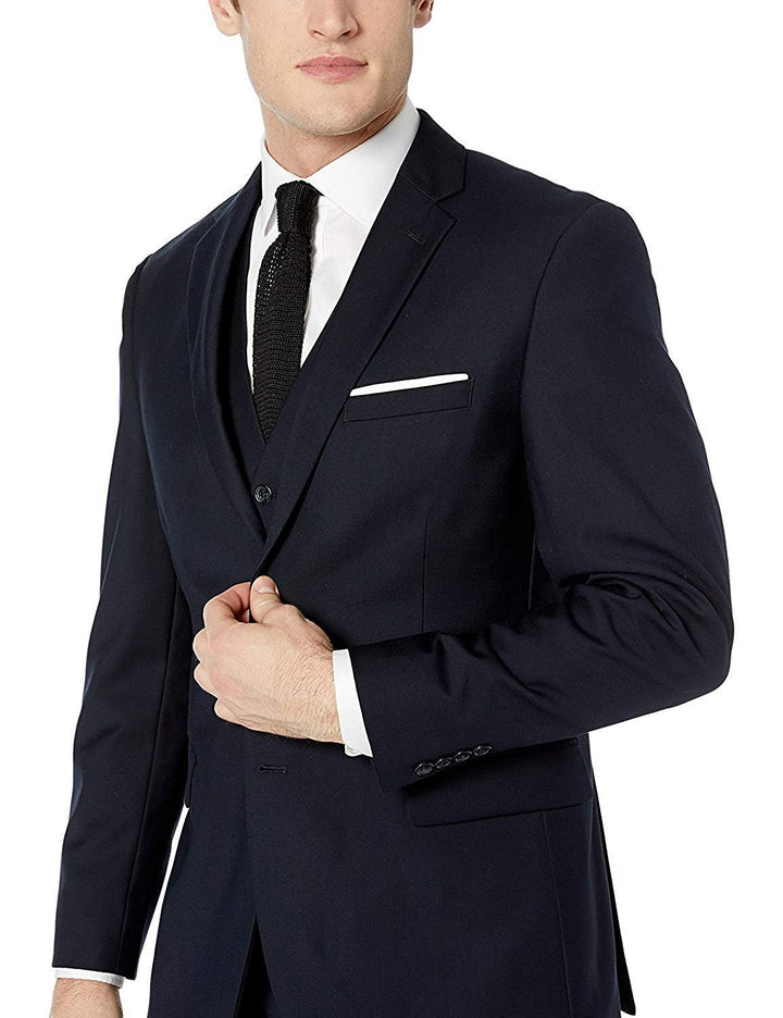 Adam Baker Men's Slim Fit 3-Piece (Jacket, Vets, Trousers) Vested Suit Set - Black & Navy