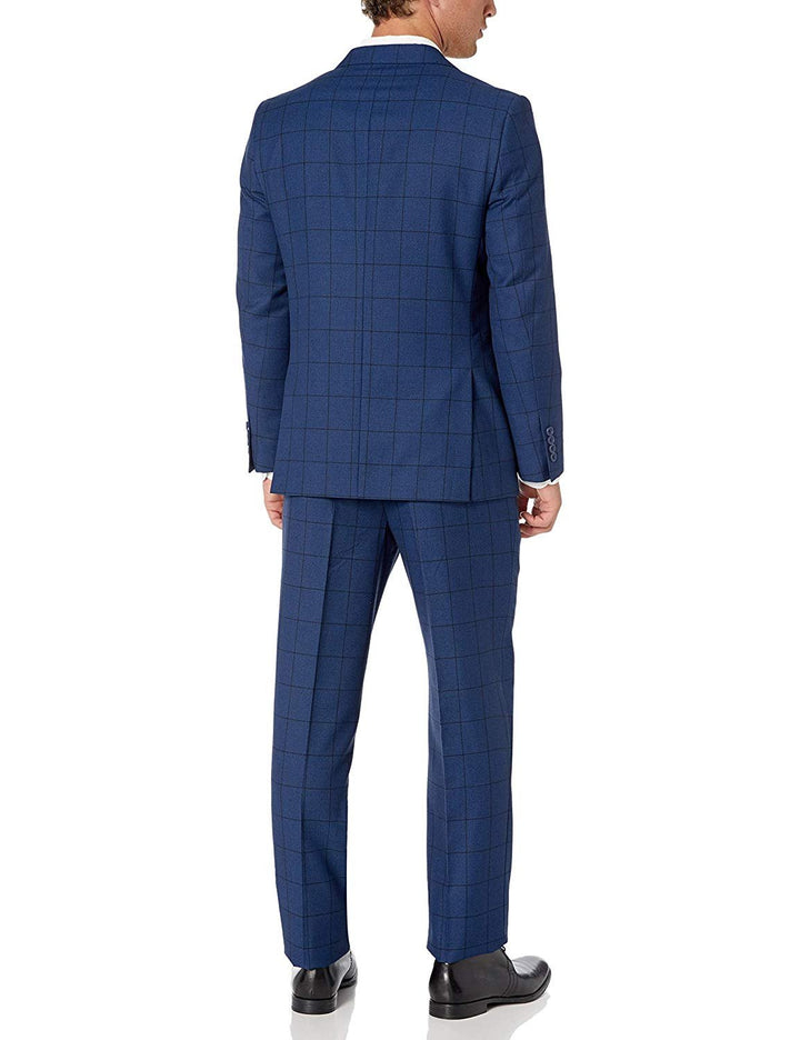Adam Baker Men's Blue Plaid & Navy Modern Fit 2-Piece Single Breasted Two Button Wool/Silk Blend Suit