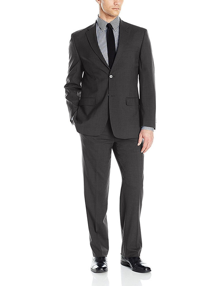 Adam Baker Men's Charcoal & Grey Modern Fit 2-Piece Single Breasted Two Button Wool/Silk Blend Suit
