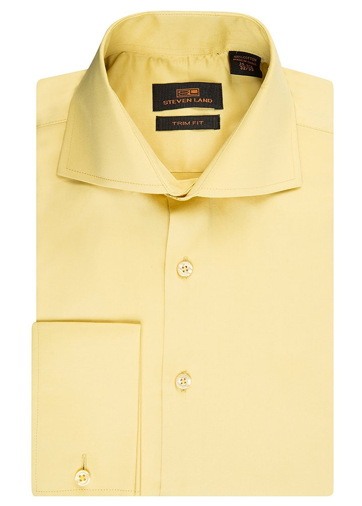 Steven Land Men's Trim Fit French Cuff 100% Cotton Solid Sateen Dress Shirt