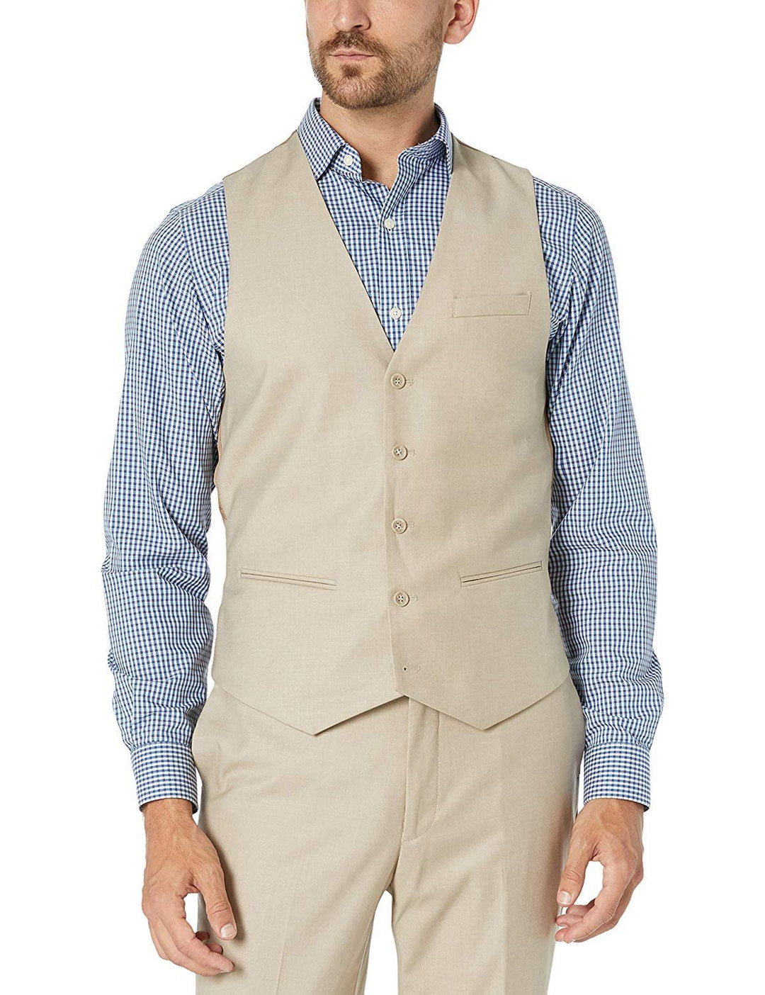 Adam Baker Men's Slim Fit 3-Piece (Jacket, Vets, Trousers) Vested Suit Set - Beige & Light Grey
