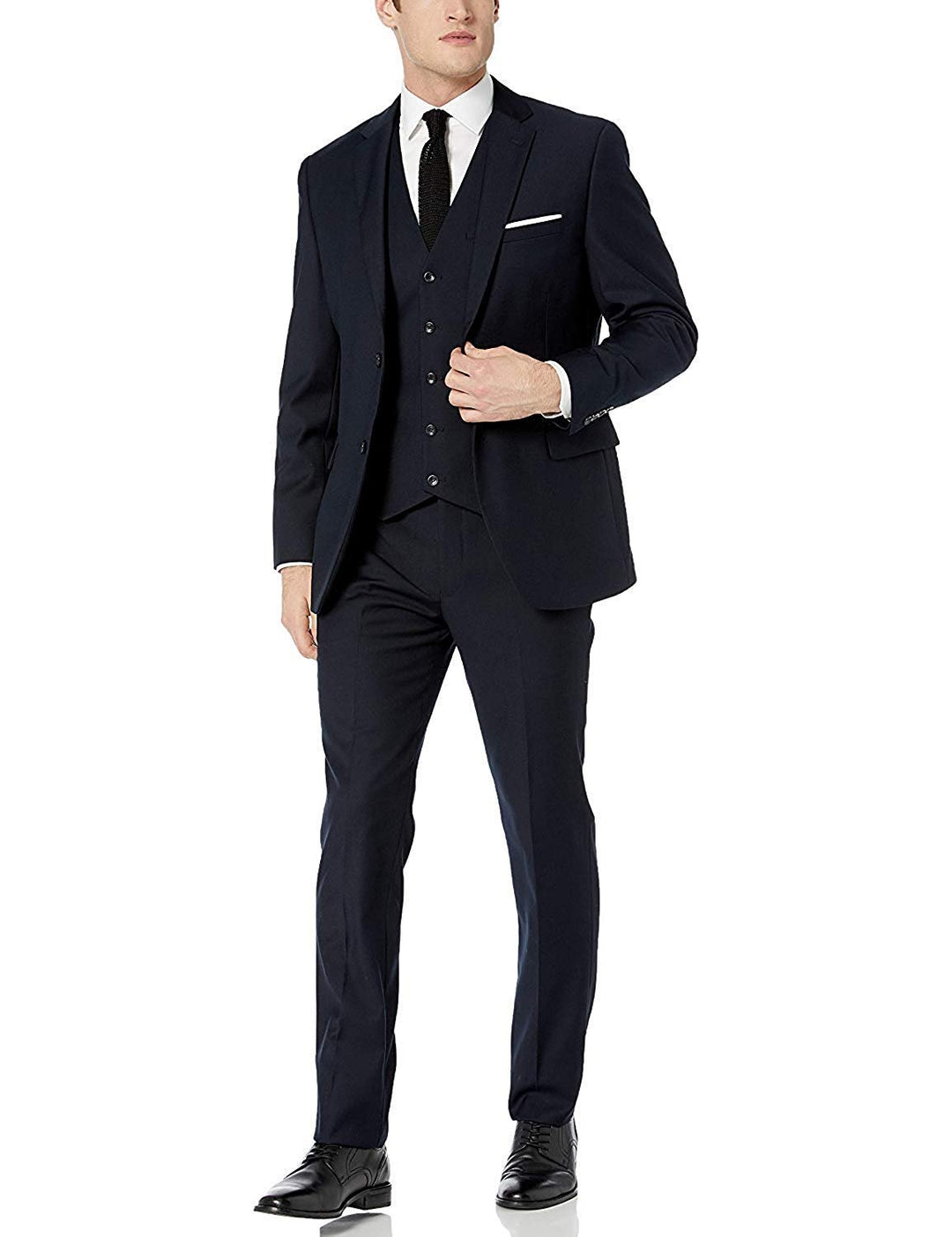 Adam Baker Men's Slim Fit 3-Piece (Jacket, Vets, Trousers) Vested Suit Set - Black & Navy
