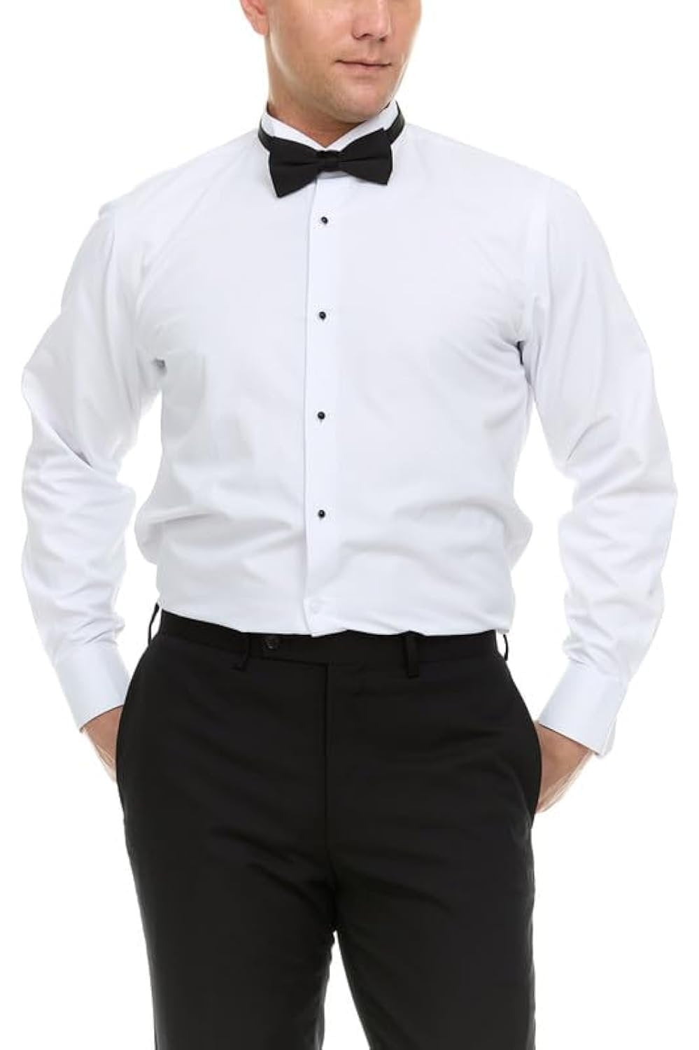 Adam Baker Men's Slim Fit Convertible Cuff Laydown & Wingtip Collar Tuxedo Shirt - Cufflinks & Bow Tie Included