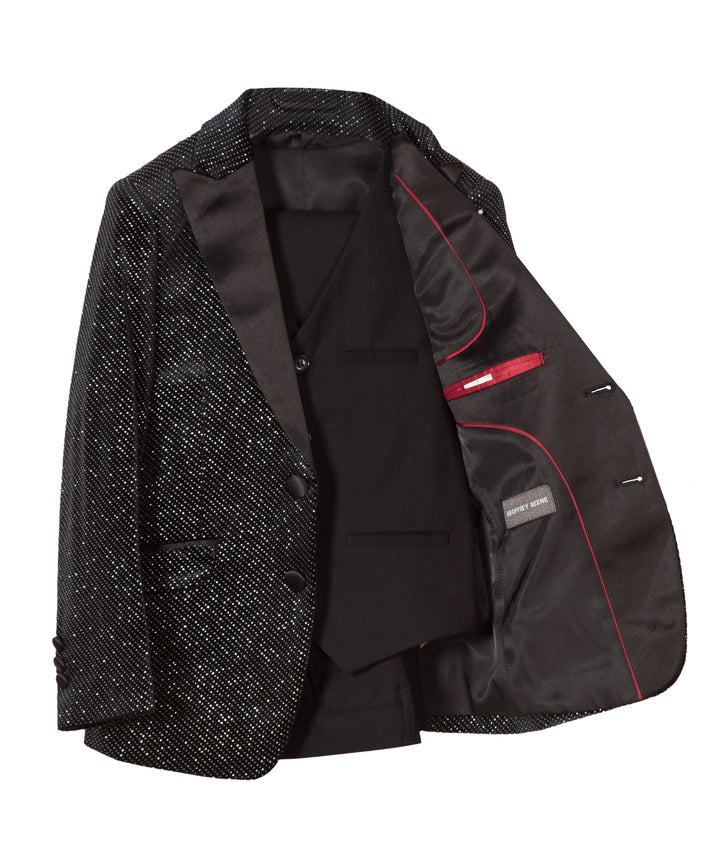 Geoffrey Beene Boy's Modern Fit 3-Piece (Jacket Vest Trousers) Satin Peak Lapel Formal Tuxedo Set - CLEARANCE