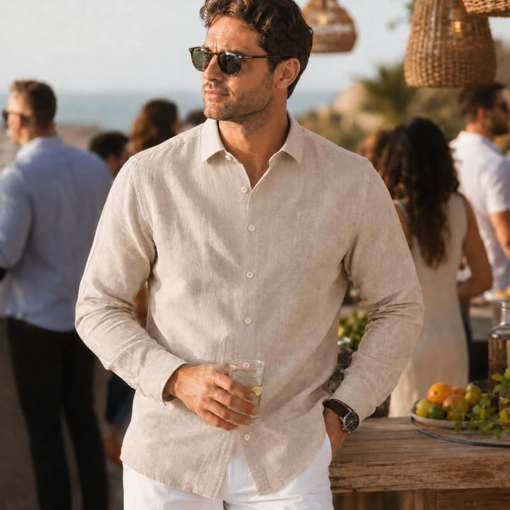 Adam Baker Men's Linen Shirt, Long Sleeve Cotton Linen Casual Shirt, Lightweight Breathable Summer Wedding Vacation Shirt