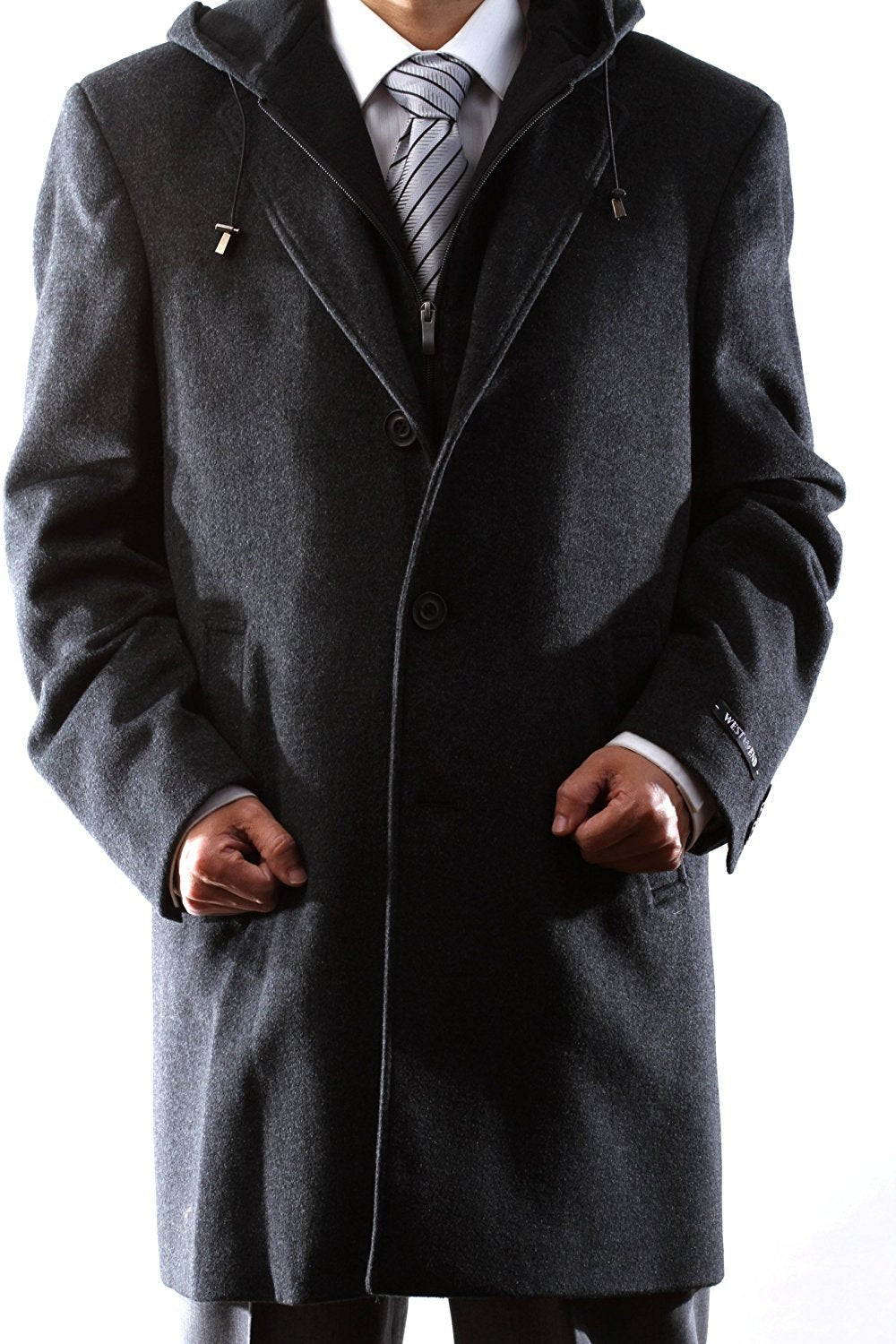 Men's Single Breasted Luxury Wool Three Quarter Length Topcoat with Hood