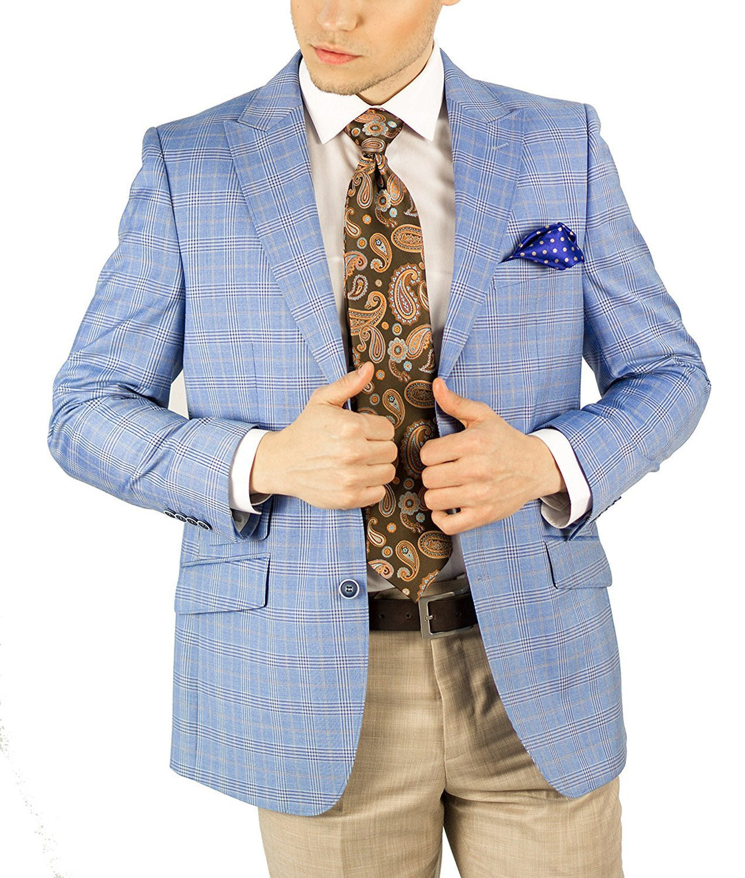 Adam Baker Men’s Modern Fit Two Button Peak Lapel Plaid Blazer Formal Dinner Jacket - Colors