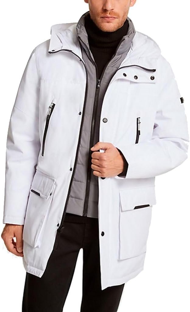 Michael Kors Men’s Warm Woven Parka Coat with Attached Quilted Bib and Hood
