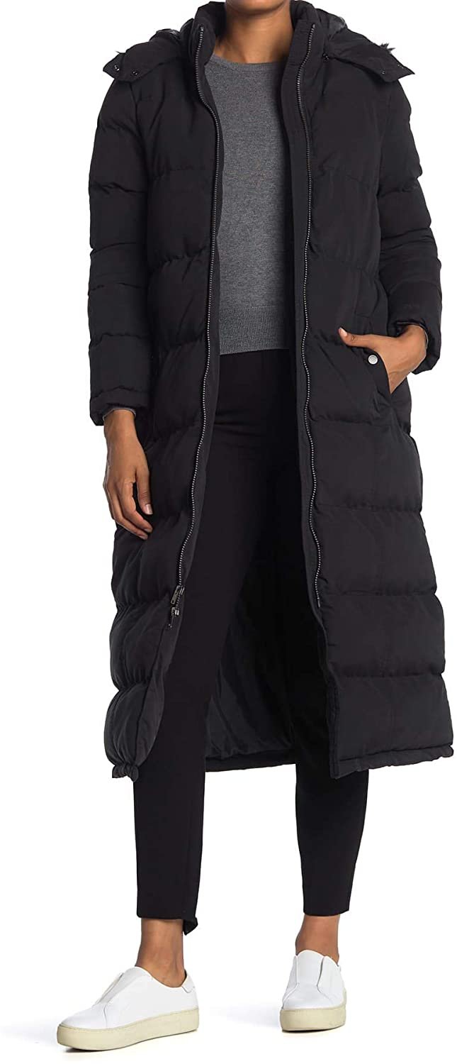 Andrew Marc Women's Full Length Coat Down, Alternative Puffer Jacket with Removable Faux Fur Trim Hood