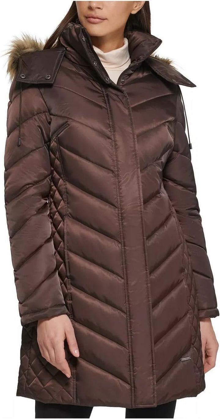 Kenneth Cole Women's Mid-Length Chevron Quilted Puffer Jacket Hooded Coat with Faux Fur Trim