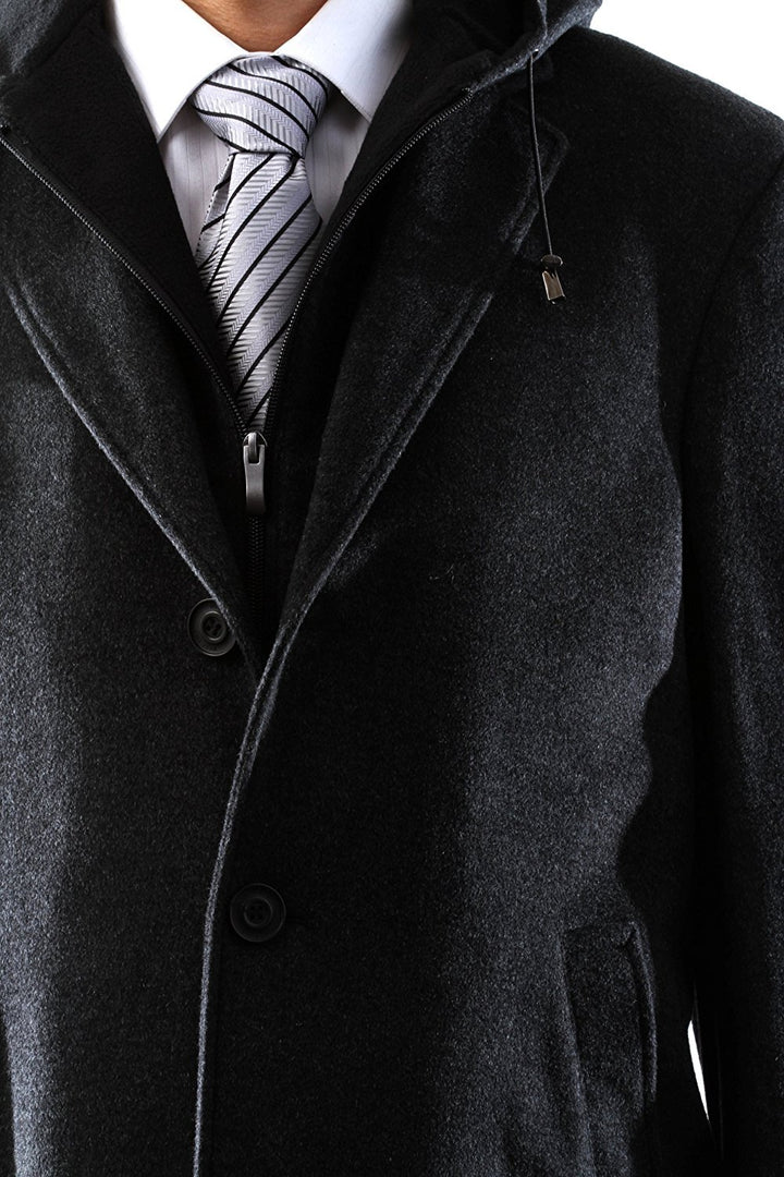 Men's Single Breasted Luxury Wool Three Quarter Length Topcoat with Hood