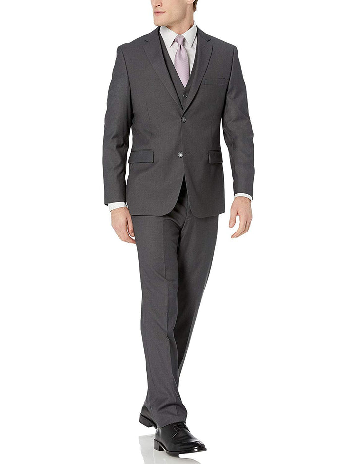 Adam Baker Men's Slim Fit 3-Piece (Jacket, Vets, Trousers) Vested Suit Set - Charcoal & Grey