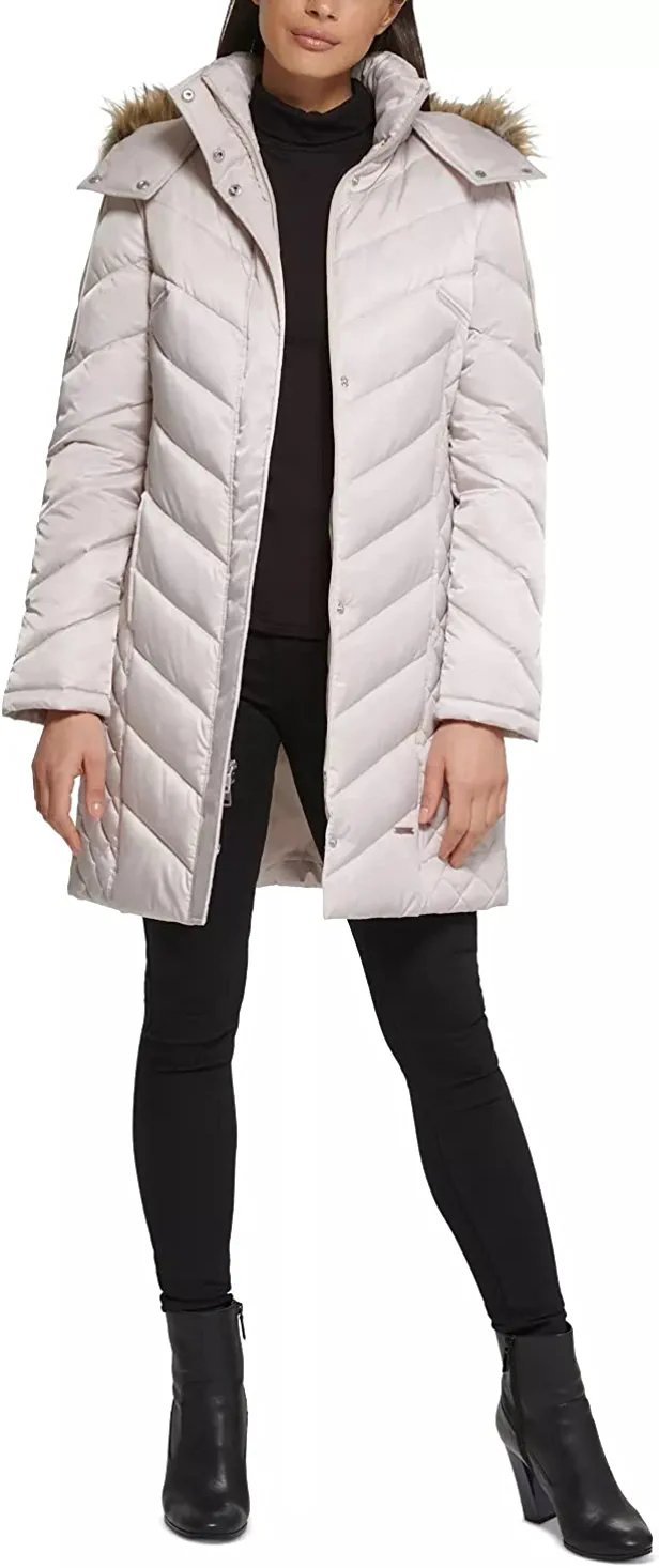 Kenneth Cole Women's Mid-Length Chevron Quilted Puffer Jacket Hooded Coat with Faux Fur Trim