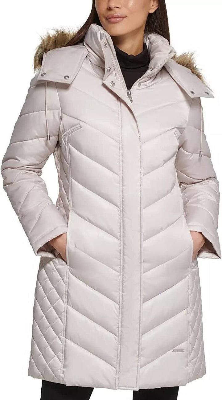 Kenneth Cole Women's Mid-Length Chevron Quilted Puffer Jacket Hooded Coat with Faux Fur Trim