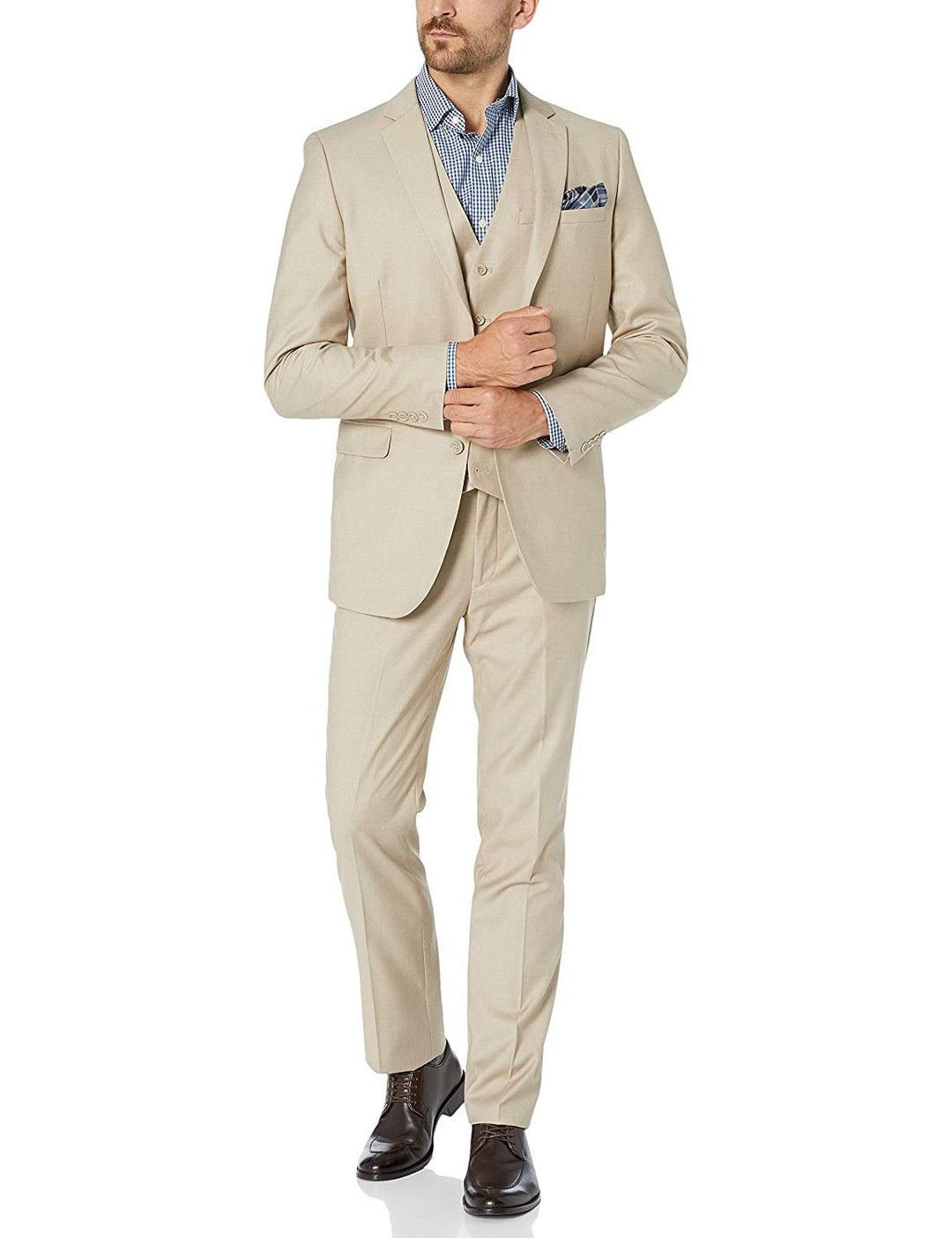 Adam Baker Men's Slim Fit 3-Piece (Jacket, Vets, Trousers) Vested Suit Set - Light Grey & Beige