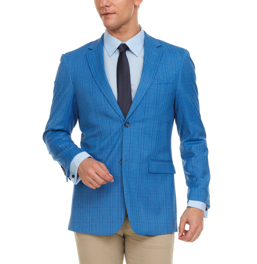 Adam Baker Mens Ultra Slim fit Notch Lapel Plaid Sport Coat/Blazer- Blue