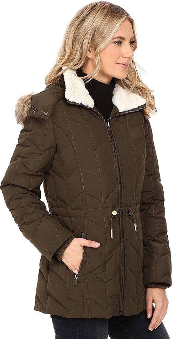 Kenneth Cole New York Women's Quilted Chevorn Coat With Fur Hood - CLEARANCE - FINAL SALE