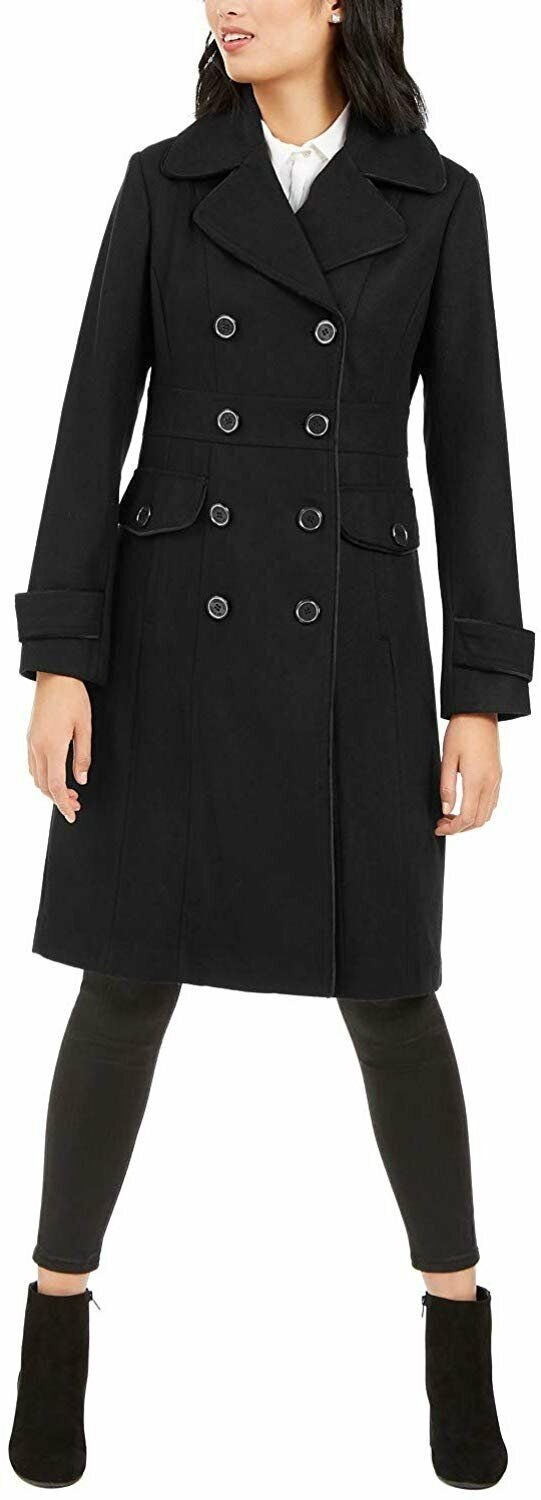 Kenneth Cole New York Womens Double-Breasted Contrast-Piping Peacoat
