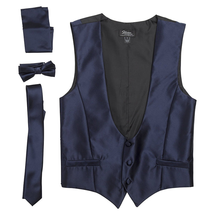 Men's Slim Fit 4-PC. Solid Dress Vest Neck Tie Bowtie Pocket Square Set