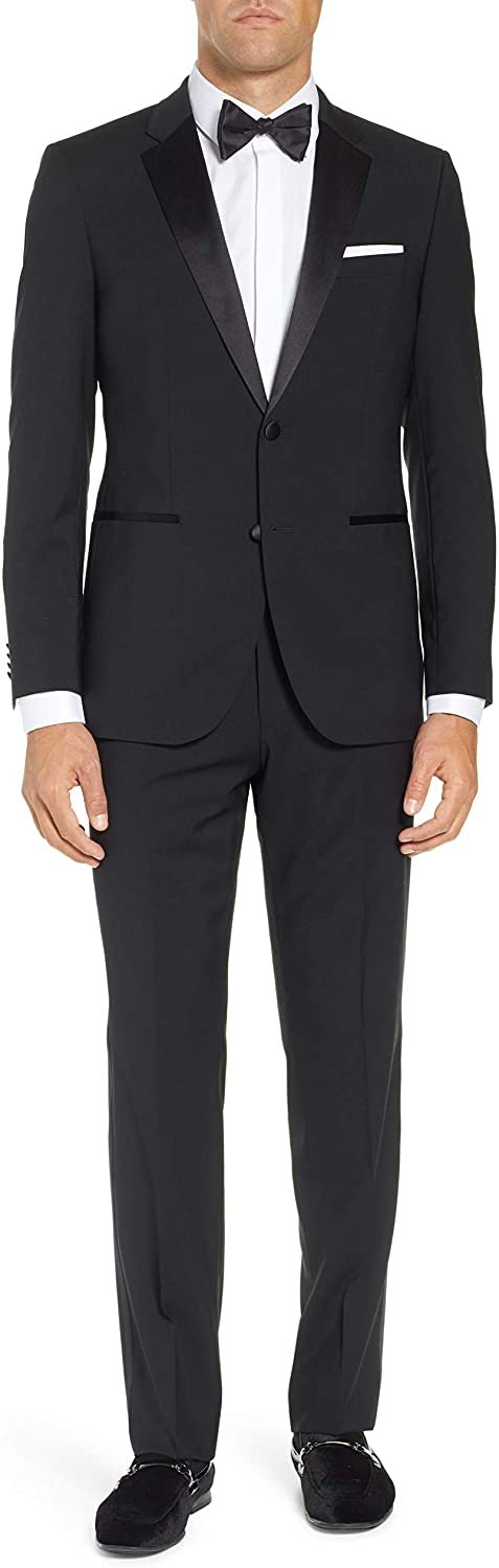 Adam Baker Mens 100% Wool Regular Fit Two-Piece Notch Lapel Formal Tuxedo - Black