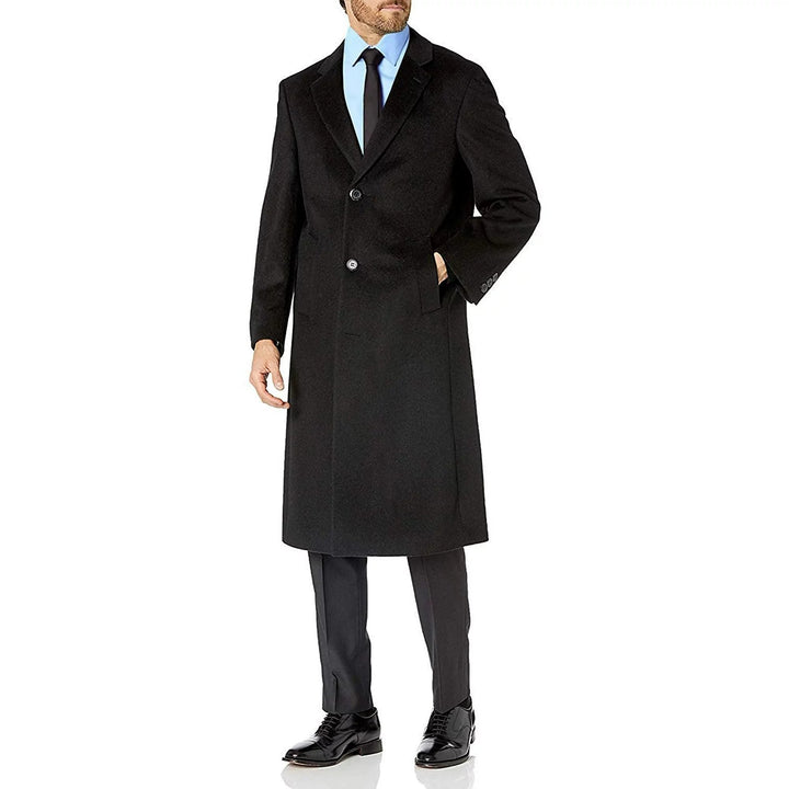 Prontomoda Men's Single Breasted Black Luxury Wool/Cashmere Full Length Topcoat