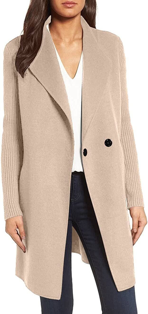 Kenneth Cole New York Women's Jacket Double Face Wool Blend Coat with Knit Sleeve