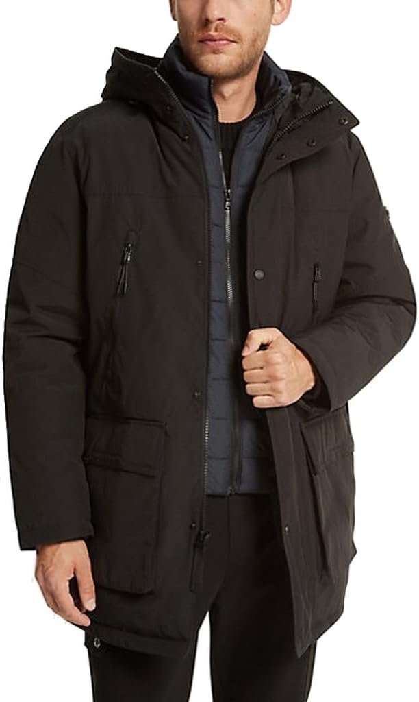 Michael Kors Men’s Warm Woven Parka Coat with Attached Quilted Bib and Hood
