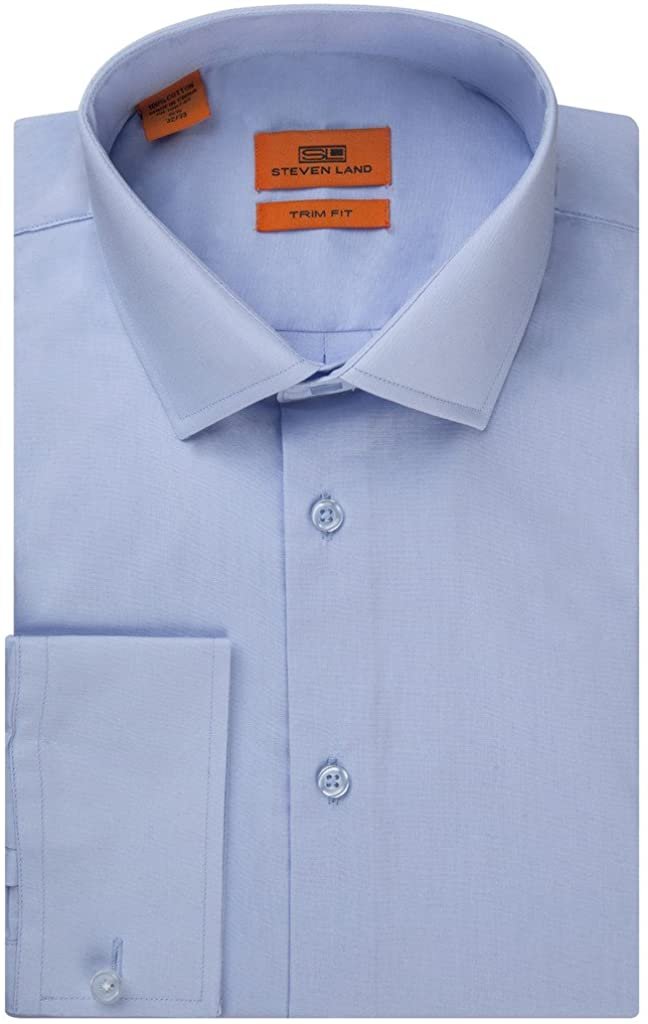 Steven Land Men's Trim Fit French Cuff 100% Cotton Solid Poplin Dress Shirt - Colors