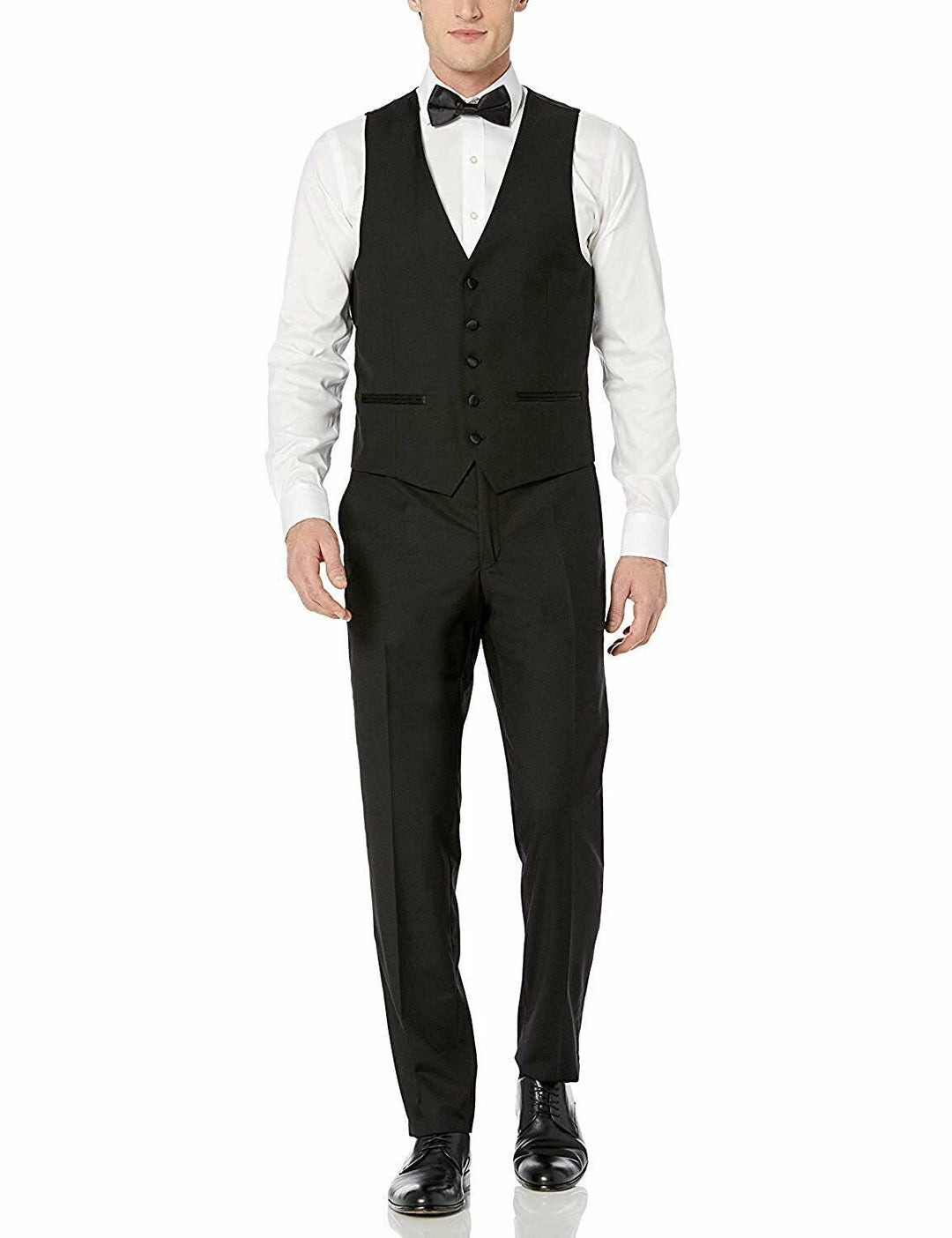 Adam Baker Men's 100% Wool Modern Fit Single Breasted Three Piece Shawl Collar Tuxedo - Black